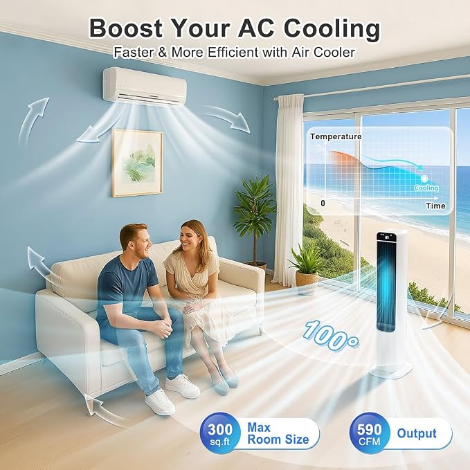 2 in 1 Portable Air Cooler with Remote, Evaporative Air Cooler with 4 Ice Packs, 12H Timer, 120° Oscillation, 3 Speed & 3 Modes Air Cooling Fan for Home, Bedroom, Office, White