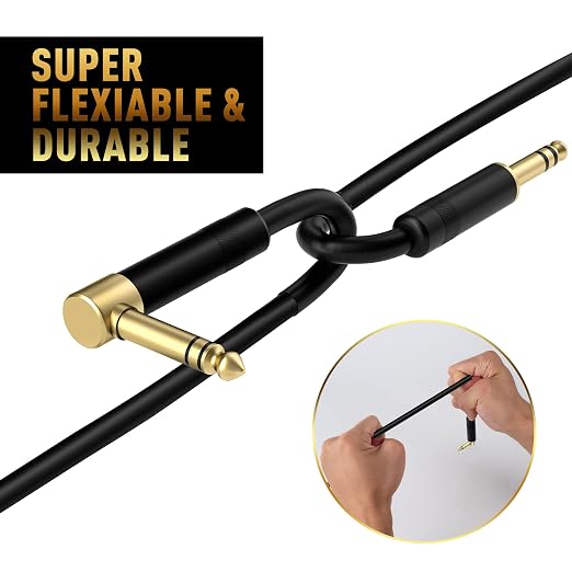Elecan 1/4 Inch TRS Instrument Cable 35 Ft- Right Angle to Straight 6.35mm Male Jack Stereo Audio Interconnect Cord- Gold Plated- 90 Degree 6.35 mm Balanced Line for Electric Guitar Bass+ 5 Ties