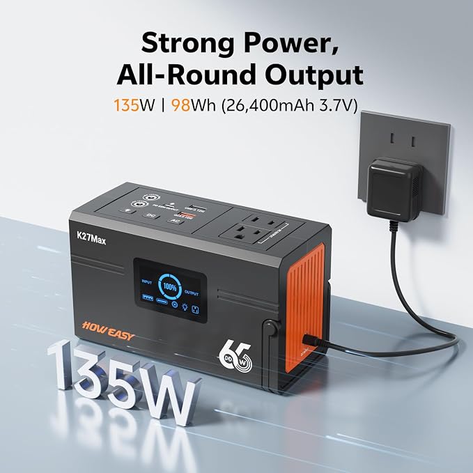 HOWEASY Portable Power Station 135W（270W Peak), Backup Lithium Battery with 110V AC Outlets,98Wh(26400mAh) Solar Generator for Camping,for Outdoor Camping Emergency(Solar Panel Not Included)