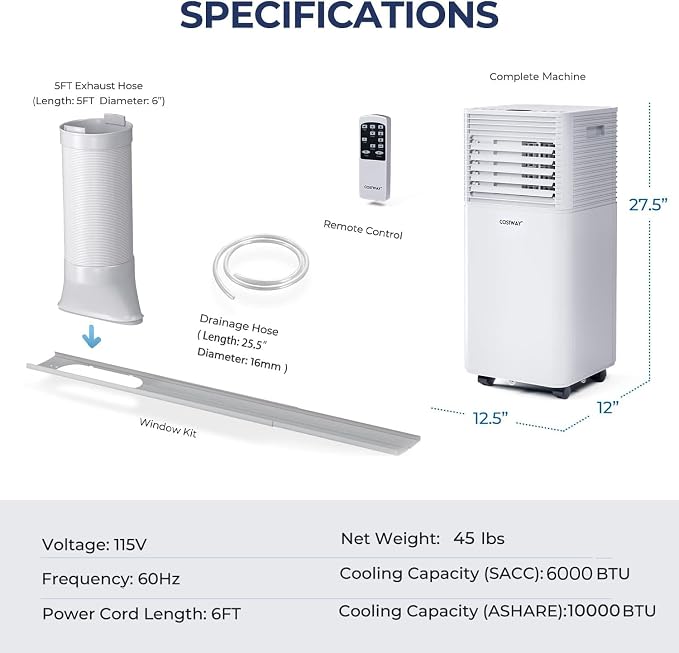 COSTWAY Portable Air Conditioner, 10000BTU AC Cooling for Room Spaces up to 350sq.ft, with Remote Control, 24H Timer & Window Venting Kit, with Sleep Mode, for Bedroom, Living Room, White