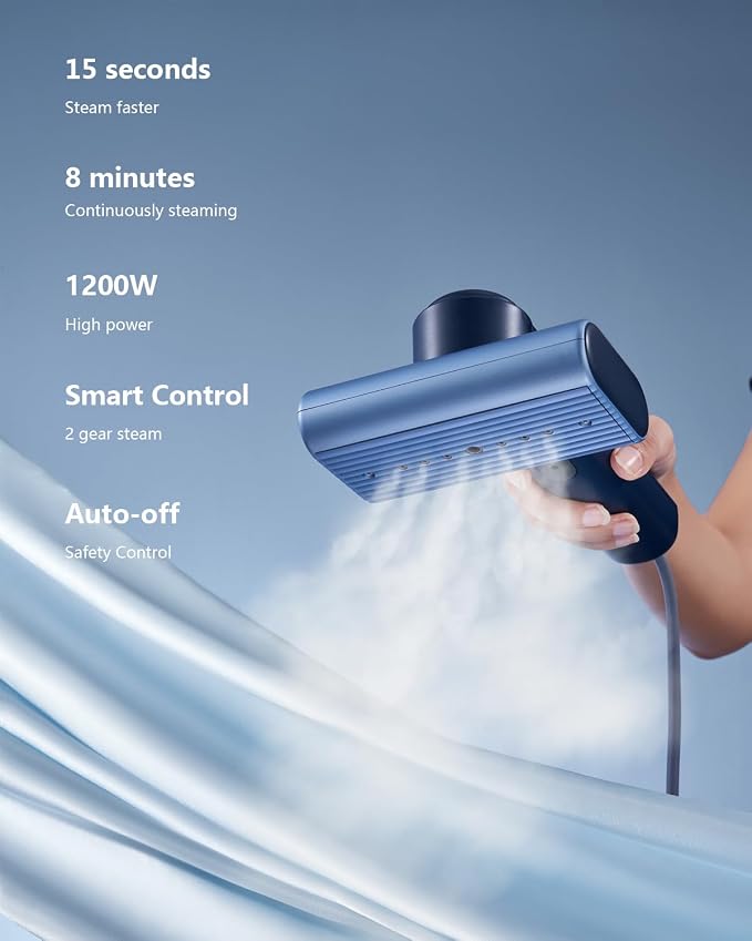 Smart Handheld Steamer for Clothes, Palm-Sized & Lightweight (1lb), Dual Steam Modes, Easy Wrinkle Remover, Auto Shut-Off, Travel & Home Double Use (Blue)