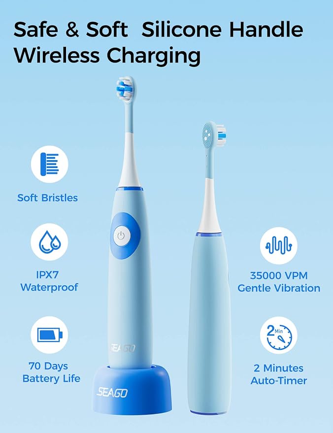 SEAGO Kids Electric Toothbrushes for Ages 5-8 with 2 Sizes Soft Brush Heads, Soft Silicone Handle, 2-Min Timer, IPX7 Waterproof, 35000VPM, Rechargeable 70 Day Battery Life with Charging Base (Blue)