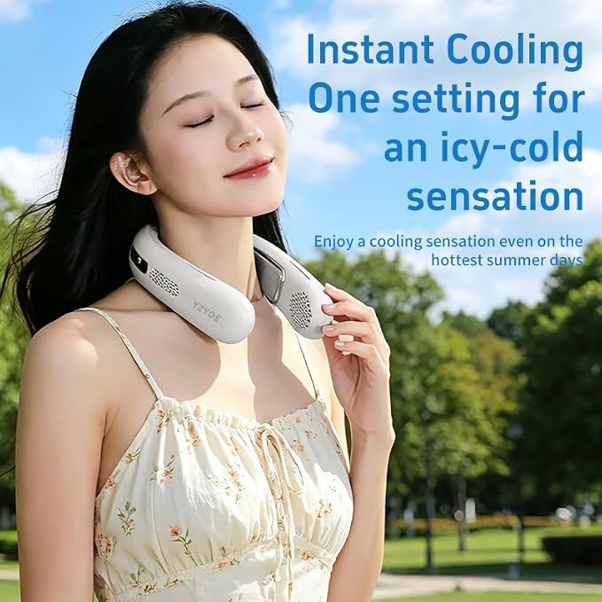 Enhanced Double-Sided Cooling Rechargeable Neck Fan, Outdoor Portable Silent Cooling Hanging Neck Fan, Three Cold Compress Modes.