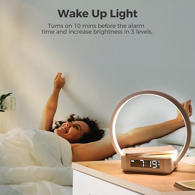 Blonbar Desk Lamp with Alarm Clock Qi Wireless Charger, Touch Lamp for bedroom 3 Light Hues, Bedside Lamp 10W Max Wireless Charging Table Lamp LED Eye-Caring Reading Nightstand Light for Living Room