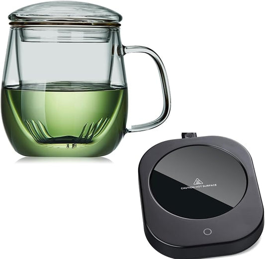DOPUDO Glass Tea Cup with Infuser and Lid, 17.6oz/520ml Large Borosilicate Teacup & Coffee Mug Warmer with Auto Shut Off, 3 Temperature Settings