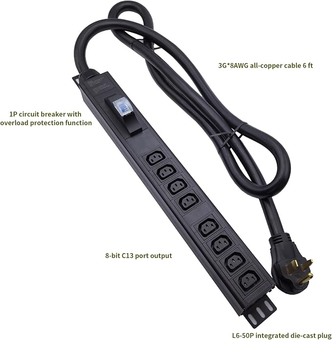 L6-50P 50 Ampere Rack Mounted PDU Power Socket with 8-Position C13 Socket Output Circuit Breaker Protection, Aluminum Alloy Shell 6-Foot 8AWG Cable (C13-08-S)