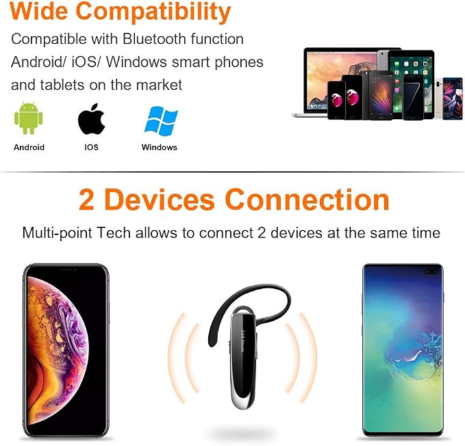 Link Dream Bluetooth Earpiece for Cell Phone Hands Free Wireless Headset Noise Cancelling Mic 24Hrs Talking 1440Hrs Standby Compatible with iPhone Samsung Android for Driver Trucker (2 Pack)