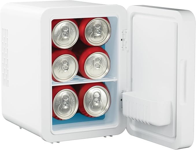 ELLE 4L Mini Cooler Fridge with LED Makeup Mirror for Skincare & Cosmetic Storage Cooler & Warmer Removable Shelf Carrying Handle AC DC Power Options Small Refrigerator for Bedroom Car Office White