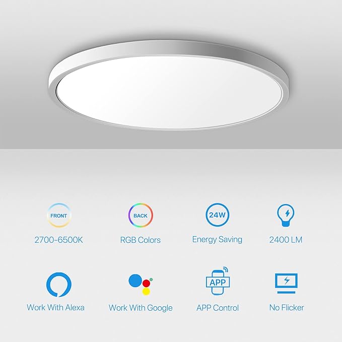 MELEGAN Smart Led Ceiling Light Flush Mount, 12 Inch 24W Ceiling Light Fixture Dimmable 2700K-6500K, RGB Ambient Light Fixture WiFi Compatible with Alexa Google Home for Bedroom Living Room