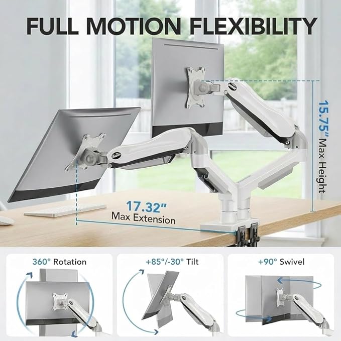 HUANUO Dual Monitor Stand - Full Adjustable Monitor Desk Mount Swivel Vesa Bracket with C Clamp, Grommet Mounting Base for 13 to 32 Inch Computer Screens - Each Arm Holds 4.4 to 19.8lbs - White