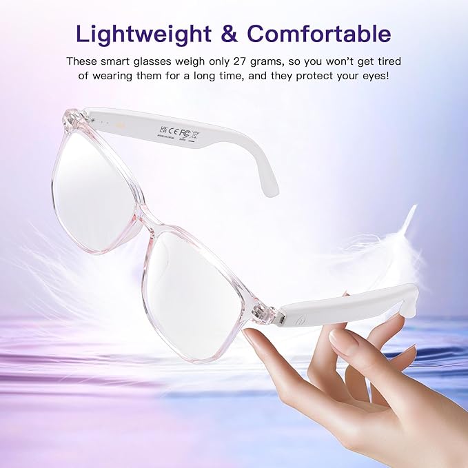 Smart Glasses for Women, Open Ear Audio Bluetooth glasses with Speakers & Mic, Anti-Blue Light Lenses, Voice Assistant, Touch Control, IPX5 Waterproof, Hands-Free Calls & Music Glasses Headphones