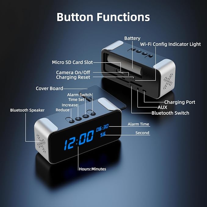 Wireless Indoor Hidden Camera for Home Security 3-in-1 Camera with Clock & Bluetooth Functionality 4K HD Night Vision, Motion Detection, Clock Hidden Camera