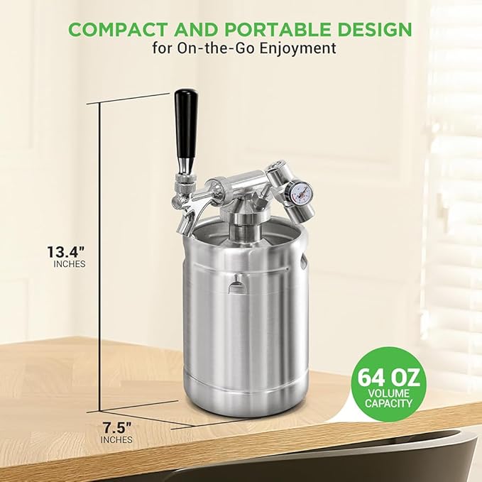 NutriChef Pressurized Growler Tap System, 64oz Stainless Steel Mini Keg Dispenser Portable Kegerator Kit, Co2 Pressure Regulator Keeps Carbonation for Craft Beer, Draft and Homebrew