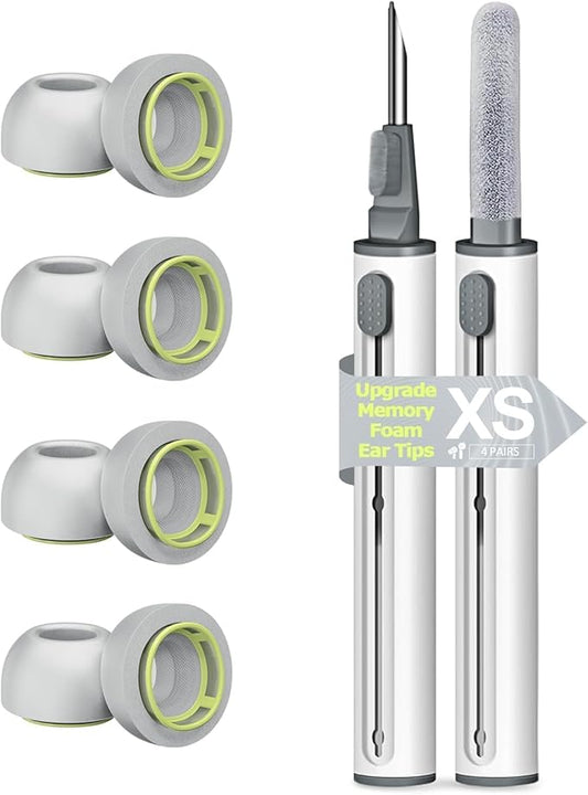 4 Pairs Extra Small Memory Foam Ear Tips for AirPods Pro 1st & 2nd Gen, No Silicone Eartips Pain, Better Noise Cancellation, Replacement Buds with 3 in 1 Cleaner Kit, Fit in Charging Case,Gray