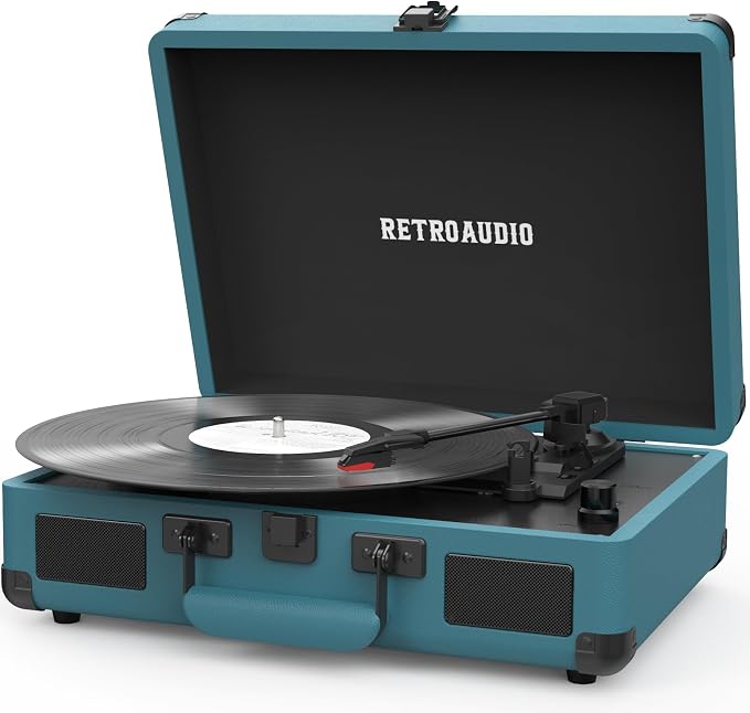 Vinyl Record Player 3 Speed Bluetooth Portable Suitcase Belt-Driven Record Player with 2 Built-in Stereo Speakers Vinyl Vintage Turntable Records Player with RCA Line Out, AUX Out (Smoke Blue)