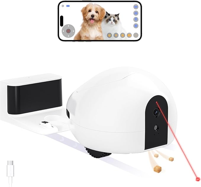 Cat Camera Robot with Laser & Treat Dispenser, Moving Pet Camera Robot for Dogs and Cats, Phone App Control, Auto Recharging, Night Vision, Two-Way Audio, Interactive LED Cat Toy, 2.4G WiFi