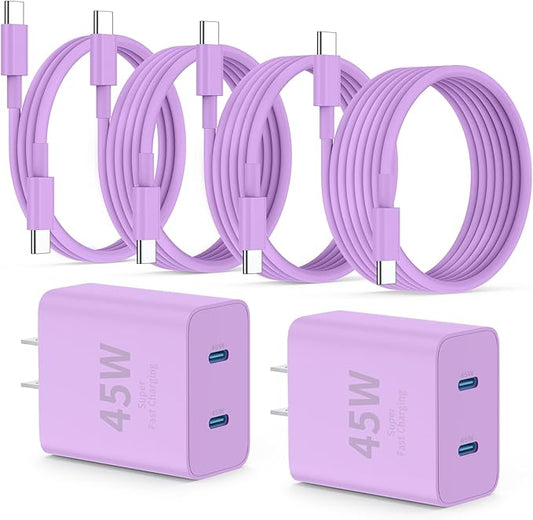 QZIIW Super Fast Samsung Charger Type C,45W Dual Port USB C Fast Charger Block [2-Pack] & Extra Long 60W 3/6/6/10FT USB C Cable - PD Quick Charging 3.0 for Samsung Galaxy S25 Ultra/S24+/S23 iPhone 16