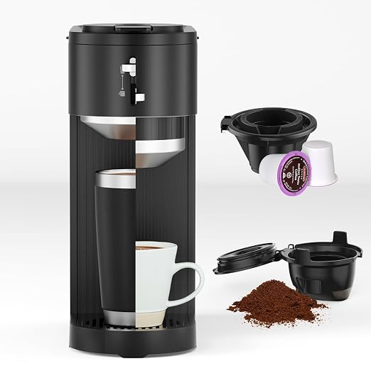 COWSAR Single Serve Coffee Maker, Two Holders for Capsule & Ground, Adjustable Funnel Height, Brew 6oz to 14oz, One-Touch Switch, Security protection, Easy to Clean, Commercial Ideal for Home/Office