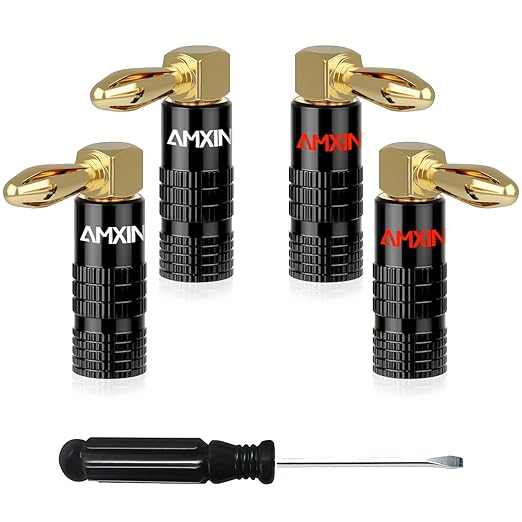 Right Angle Banana Plugs (2 Pairs, 4 pcs), Dual Screw Type Speaker Connectors, 24K Gold Plated Speaker Wire Plugs (Support 12 AWG to 18 AWG Wires)