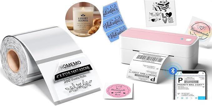 Phomemo 241BT 4X6 Wireless Thermal Printer & 200Pcs Transparent Thermal Label 4x3, Label Printers for Shipping Package, Compatible with iPhone, Android, Amazon, Shopify, UPSP, Pink