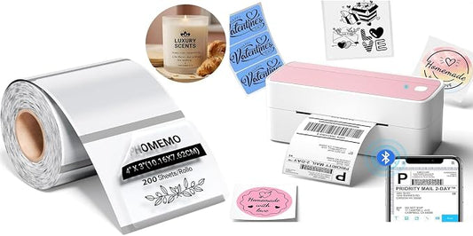 Phomemo 241BT 4X6 Wireless Thermal Printer & 200Pcs Transparent Thermal Label 4x3, Label Printers for Shipping Package, Compatible with iPhone, Android, Amazon, Shopify, UPSP, Pink