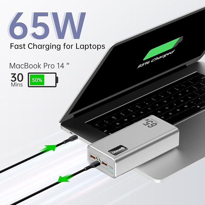 PSOOO Portable Charger 27000mAh 65W PD Fast Charging Power Bank, 3-Port External Battery Pack with LED Flashlight, Compatible with iPhone, Samsung, MacBook, Tablet, Travel & Outdoor Use (Sliver)