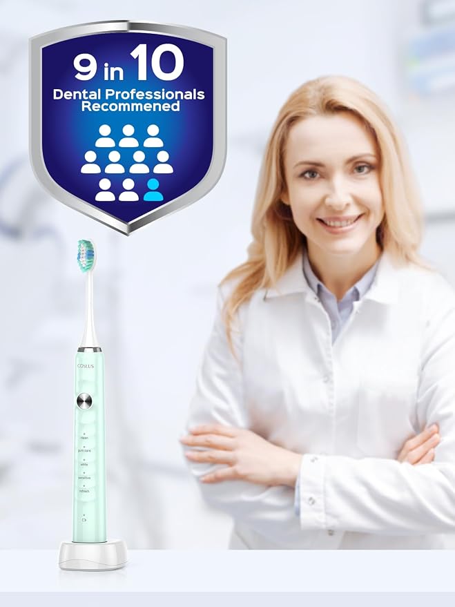 COSLUS Electric Toothbrush for Adults and Kids: Wireless Rechargeable Tooth Brush with Portable Travel Case, 5 Modes 47000 VPM Power Toothbrushes 6 Brush Heads 1 Charge for 70 Days 2 Items
