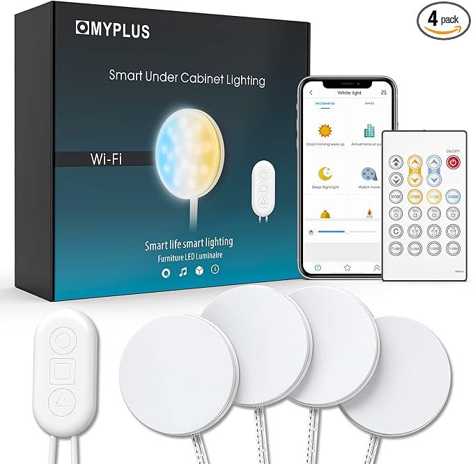 MYPLUS Smart Under Cabinet Lights, Dimmable Puck Lights Compatible with Alexa and Google Home,WIFI Controlled Adjustable Color Temperatures and Smart CCT LED Light Fixture(2.75 inch-4PCS)