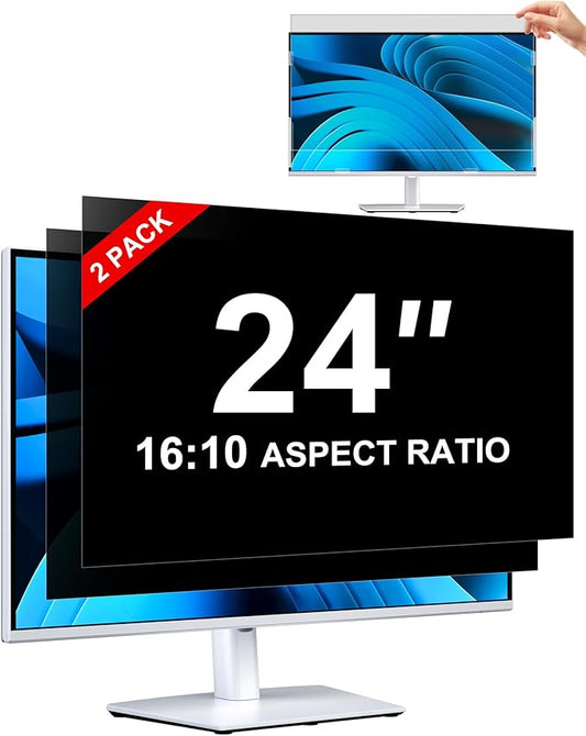 [2-Pack] Privacy Screen For Computer Monitor, 24-Inch 16:10 Aspect Ratio; Anti Spy/Bule Light/Glare And Eye Protection, 2 Install Ways Removable For Office, Airport, Cafe And Other Public Area; Diagonal 24 Inches, Width 20.35 Inches, Height 12.72 Inches