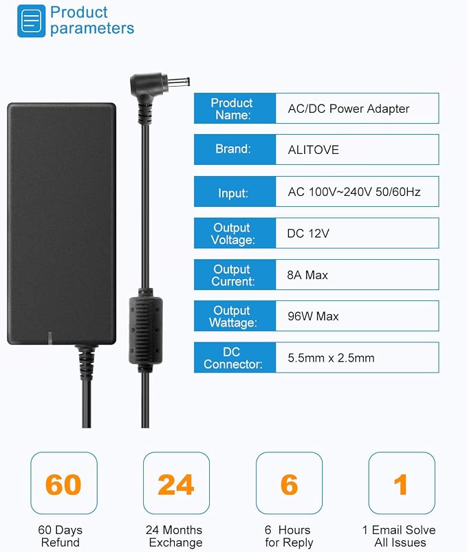 ALITOVE 12 Volt Power Supply 8A 96W AC Adapter 100-240V 50-60Hz to DC 12V Power Supply Adapter 8Amp 6A 5A Transformer 5.5x2.5mm Plug for DC12V Device LED Lights CCTV Camera Fan Printer