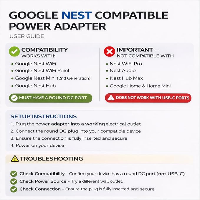 6-Foot Power Adapter Compatible with Google Nest Mini, Nest Hub, Nest WiFi Router and Nest WiFi Point Power Cable (Long)