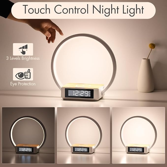Wireless Charging Station with Alarm Clock,Bedside Lamp with Sunrise Wake-Up Light,Wireless Phone Charger,Touch Table Lamp with 3 Brightness Levels,Idea Gifts for Women,Men,Teens,Adults