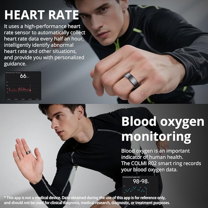 COLMI R02 Smart Ring, Smart Ring for Women and Men, No Subscription Fee, with a Charging Case, Supports Heart Rate, Blood Oxygen, Sleep Health Monitoring. (Black, 7#)