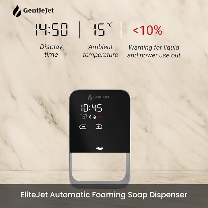 GentleJet EliteJet Automatic Foaming Soap Dispenser Touchless Sensor, LED Display, 5 Foam Levels, Wall Mount or Countertop, Rechargable USB-C or Battery Powered, Aluminum Alloy, 480 ml Refillable