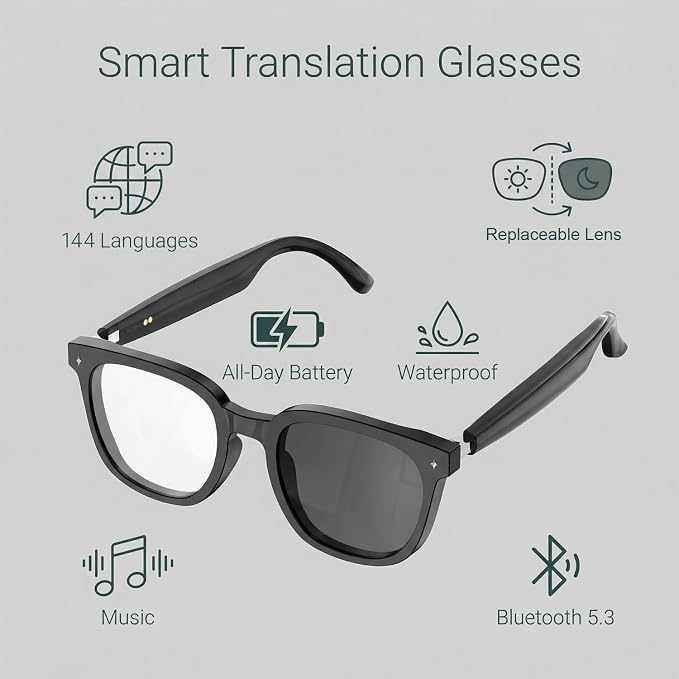AI Smart Glasses for Men and Women with Chat GPT, Real Time Translation Glasses with 164 Languages,Sunglasses Music Playback, Hands-Free Calls, Open-Ear Audio for Travel, Meetings