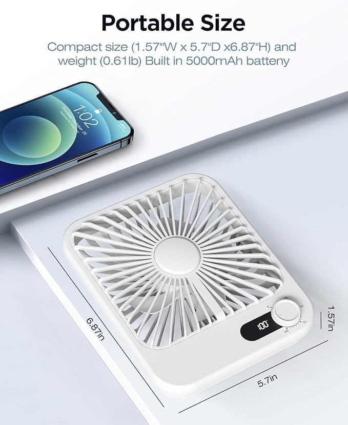 2 Pack Portable Travel Fan 5000mAh, 20 Hours Battery Life 6.8" Small Criuse Fan with 100 Speed,Digital Display, Rechargeable Battery Operated Quiet Personal Fan for Desk Office Bedroom Outdoor