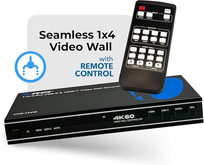 OREI 4K 2x2 HDMI or USB-C Video Wall Controller Processor Display Upto 4K 60hz 2x1, 1x2, 1x3, 1x4 Supports 180 Degree Rotate RS-232 Audio Extraction