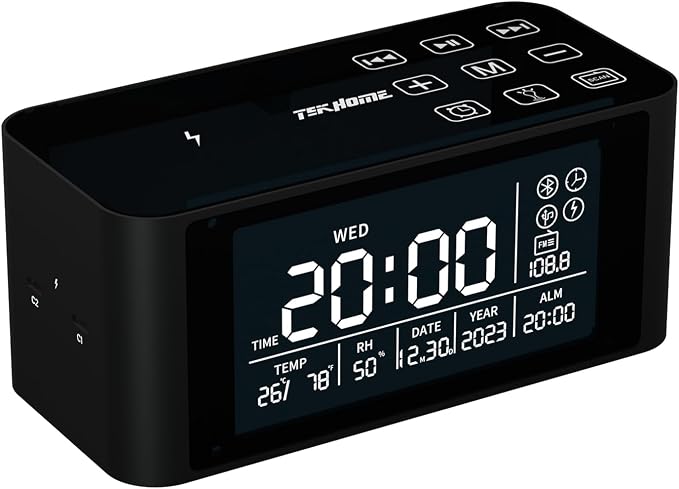 Bluetooth Speaker with Digital Alarm Clock, Wireless Charger, FM Clock Radio,Super Loudspeaker,Dimmable LED Display for Bedroom,Home, Adaptor