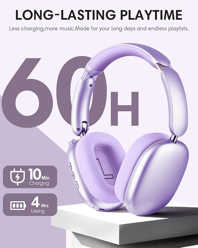 Wentronic Y02 Active Noise Cancelling Headphones, Wireless Over-Ear Bluetooth 5.4 Headphones with Microphone, 60H Playtime, Hi-Res Audio, Big Bass, Foldable Lightweight for Travel Home Office, Purple