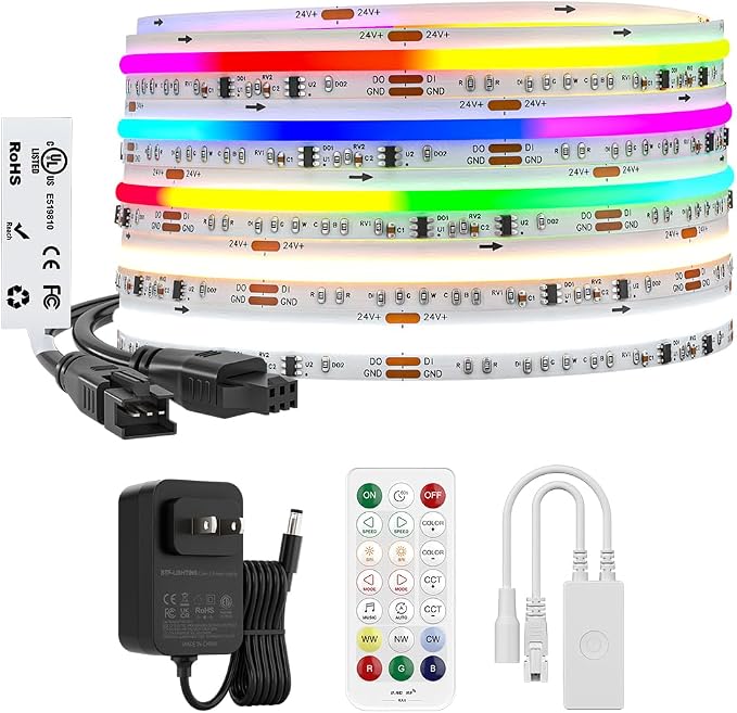 BTF-LIGHTING COB LED Strip Light,WS2811 Dual IC RGBCCT LED Strip Kit,UL Listed High Density Chasing IC RGB+Tunable White 3000K-6000K DC24V 16.4FT Bluetooth Music Controller for Home Indoor DIY Decor