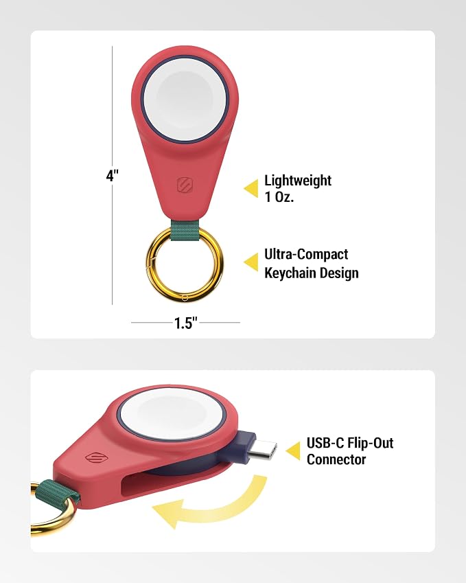 Scosche WatchIt Keychain Magnetic Charger for Apple Watch, Fast Charging USB-C Plug-In (No Battery), Portable Travel Charger for Series 11/10/9/8/7/6/5/4, Ultra 3/2, SE3/SE2/SE & AirPods, Sunset Coral