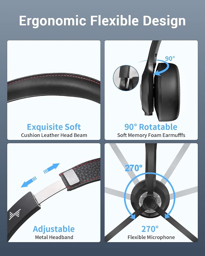 JIAMQISHI Wireless Headset with Mic for Work, Bluetooth V5.2 Headphones with AI Noise Cancelling Microphone, USB Dongle, Clear Calls & Mic Mute, for Laptop, PC, iPhone & Android Phones