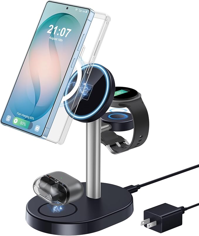 Hevanto 2026 3 in 1 Wireless Charger for Samsung Galaxy, 15W Magnetic Super Fast Charging Station for Samsung Galaxy S26 S25 S24 Ultra S23 Z Fold Flip Watch 8 7 Buds 4 3 2 Series, DeepSilver