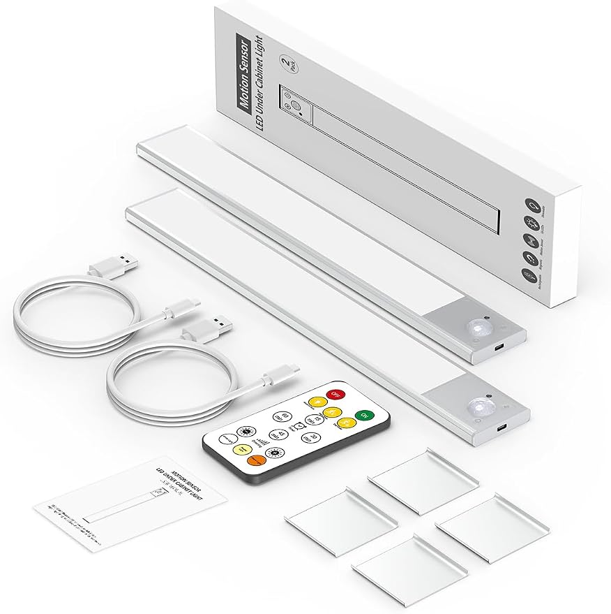 12" Ultra-Thin Under Cabinet Lighting Wireless, Aluminum Alloy Under Counter Lights for Kitchen, 3-Color-Temps Magnetic Closet Lights, Rechargeable Motion Sensor Light Indoor (2Pack, Silver)