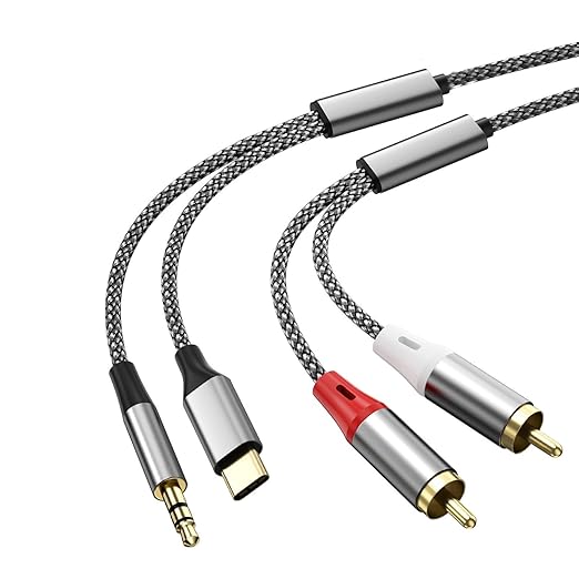 3-in-1 RCA Audio Cable, 2-Male RCA to 3.5mm Aux and USB-C Audio Cable, Use for Type C Aux Device to Other DJ Audio Device Home Theater Speaker Power AMP Subwoofer, 4.26ft