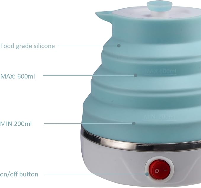 Travel Foldable Electric Kettle, Collapsible Electric Kettle Food Grade Silicone Small Pot Boiling water,Dual Voltage（600ml,110-220V US Plug） (Blue)