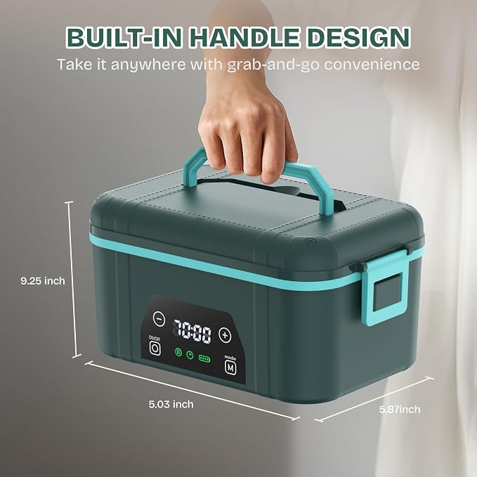 Cordless Heated Lunch Box, Smart Timer Automatic Heating Food Warmer for Adults, 5.5-Cup Portable Electric Lunch Container with Handheld Insulated Bag（Dark Blue）
