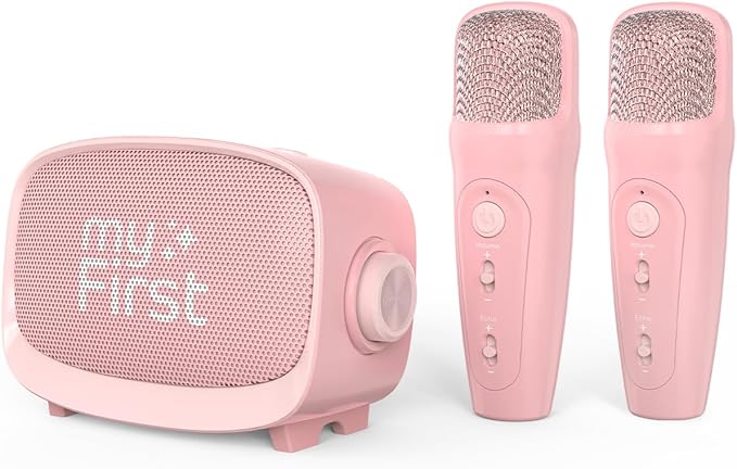 myFirst Voice 2 Kids Bluetooth Karaoke Speaker with 2 Mics | Portable Singing Machine for Children | 5 Voice Changing Effects & Wireless Mic (Pink)