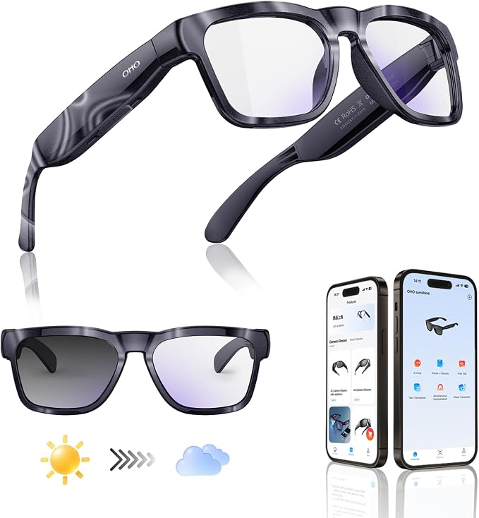 OHO Smart AI Glasses with Bluetooth Audio, Hands-Free Calling, High-Impact 2.0mm Photochromic Blue Light Blocking PC Lenses