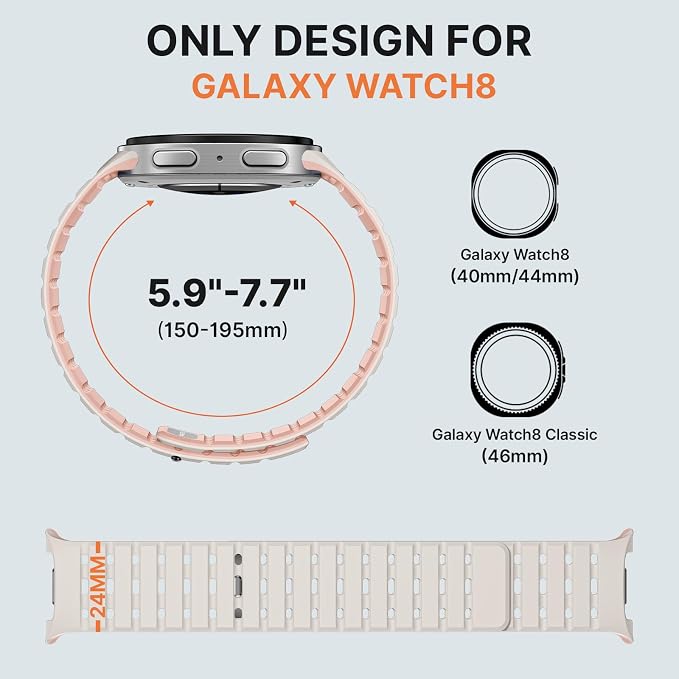 Bandletic Magnetic Band Compatible with Samsung Galaxy Watch 8 40mm 44mm / Watch 8 Classic 46mm 2025, No Gap Soft Breathable Silicone Replacement Strap for Men Women, Starlight/Pink